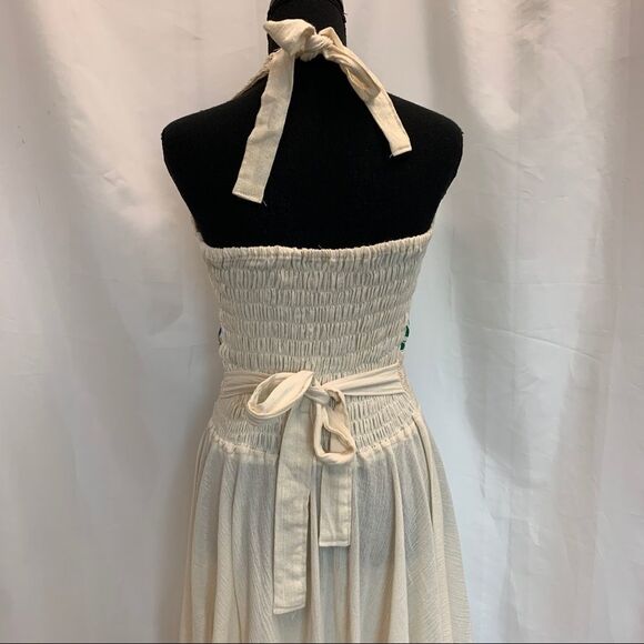 Vintage ‘70s Embroidered Gauze Pixie Hem Floral Crochet Halter Mexican Dress - Picture 10 of 14